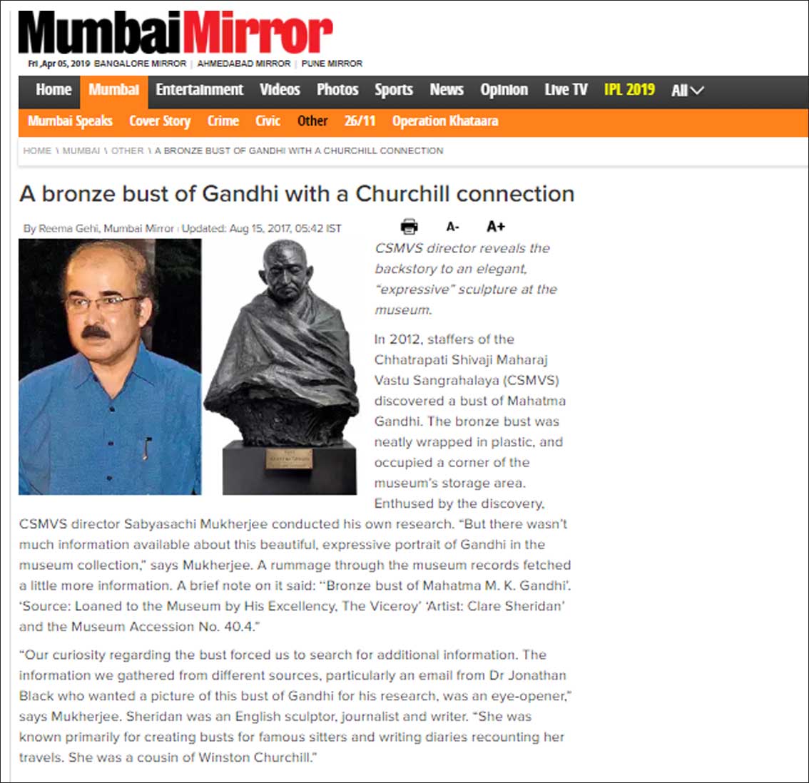 A bronze bust of Gandhi with a churchill connection, Mumbai Mirror - August 2017